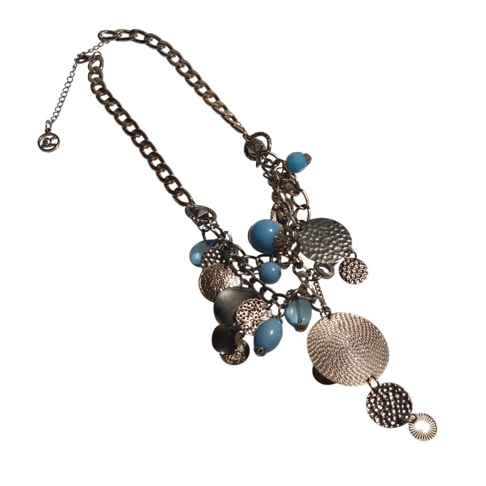 Erica Lyons Necklace Blue Beads Textured Discs Key Charm Chain Adjustable Gift